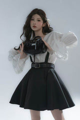 Black/White Lapel Collar Long Sleeves Ruffled Bow Classic Lolita Strap Dress Set - Product - 4