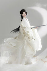 White [Bamboo Leaves] V Collar Trumpet Sleeves High Waisted Embroidered Women's Classic Hanfu Dress Set - Product - 4