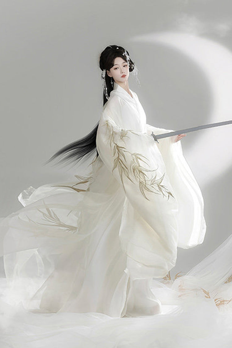White [Bamboo Leaves] V Collar Trumpet Sleeves High Waisted Embroidered Women's Classic Hanfu Dress Set - Product - 4