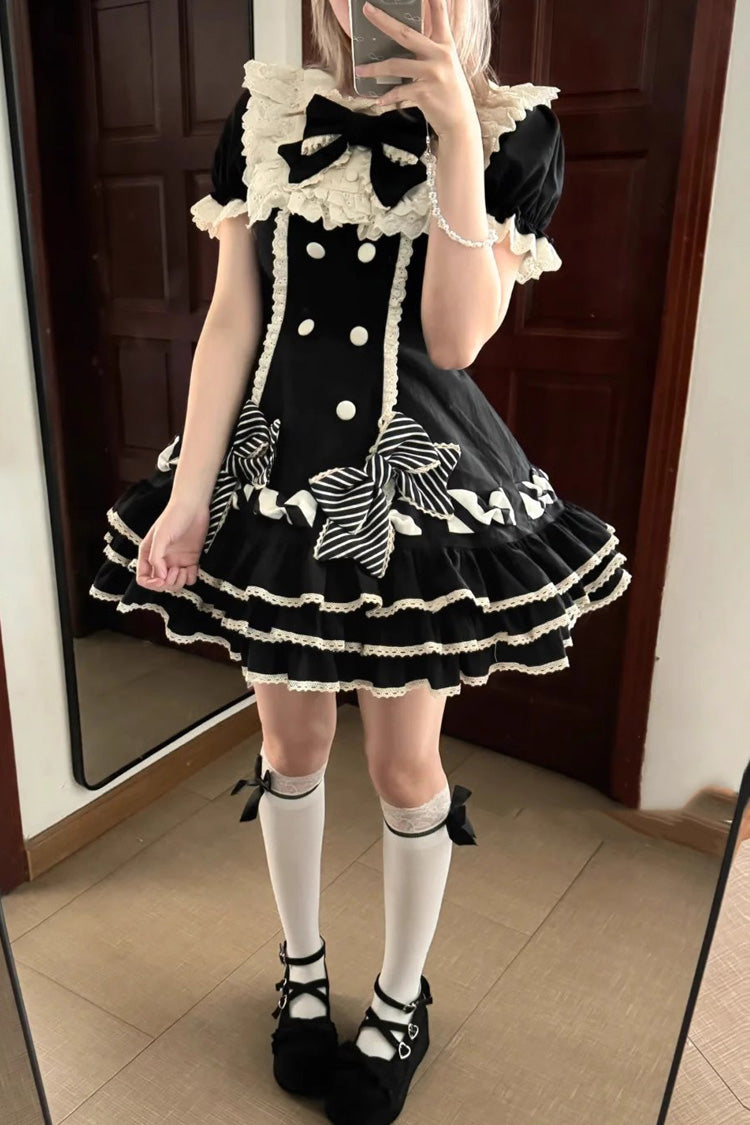 Black [Striped Layered] Short Sleeves Multi-Layered Ruffle Bowknot Sweet Princess Lolita Tiered Dress - Product - 8