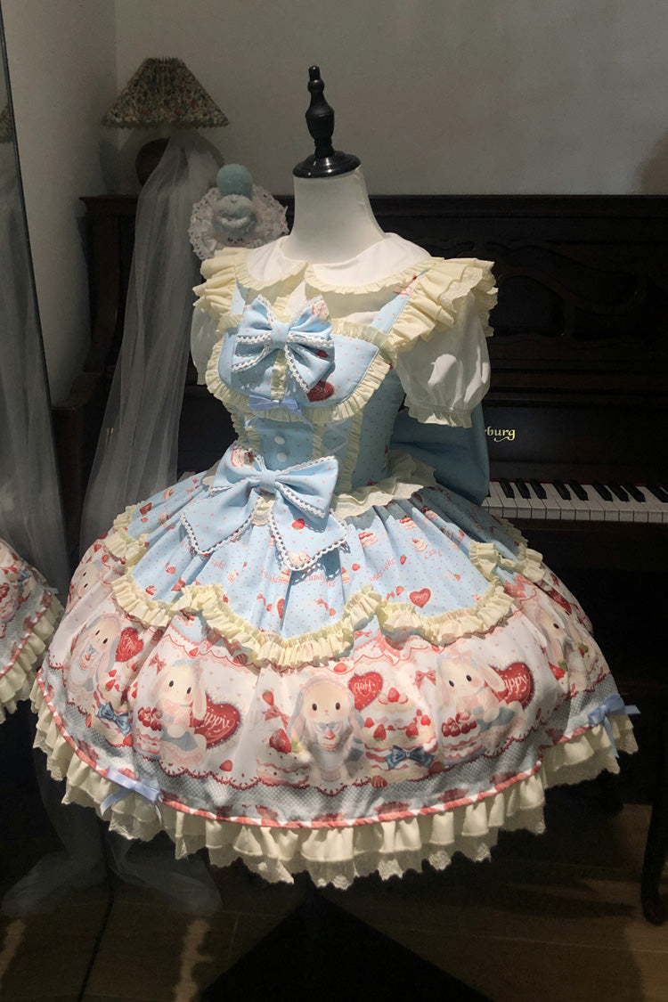 Blue [Sweet Bunny Party] Square Collar Sleeveless Printed Ruffled Bow Sweet Lolita Jsk Dress Set - Product - 3