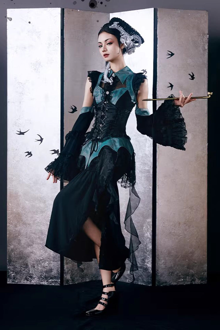 [Sky Dragon] Round Collar Printed Embroidered Lace-Up Gothic Chinese Style Lolita Skirt Set 2 Colors - Product - 12