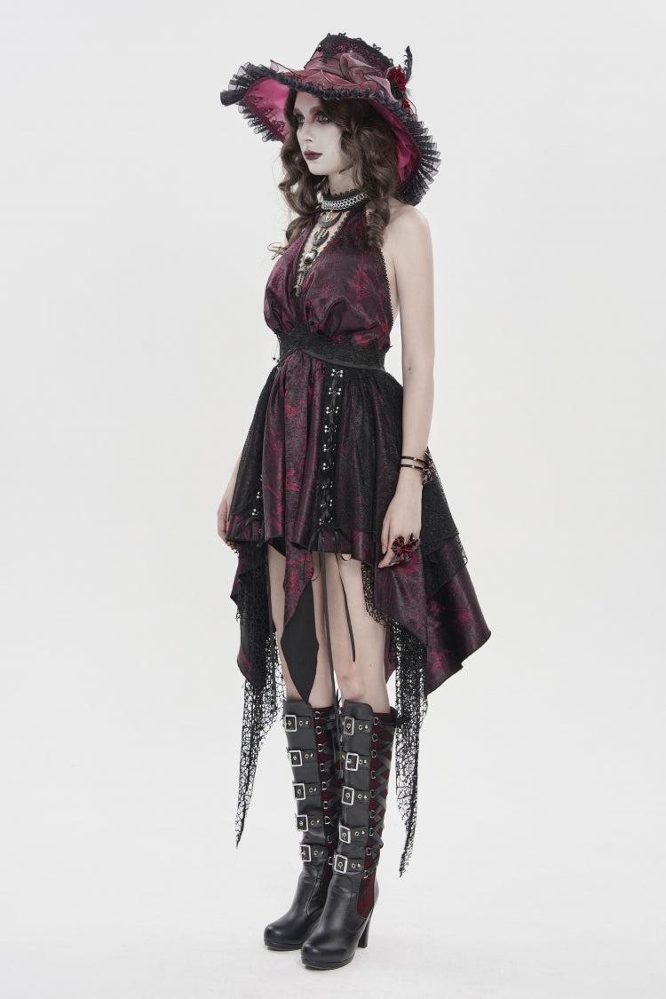 Black/Red Off Shoulder Sleeveless Multi-Layered Printed Lace Irregular Tassels Women's Gothic Dress - Product - 3