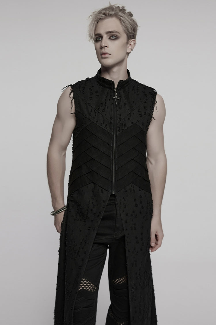Black Stand Collar Sleeveless Cross Distressed Embroidery Men's Gothic Long Vest - Black - 1