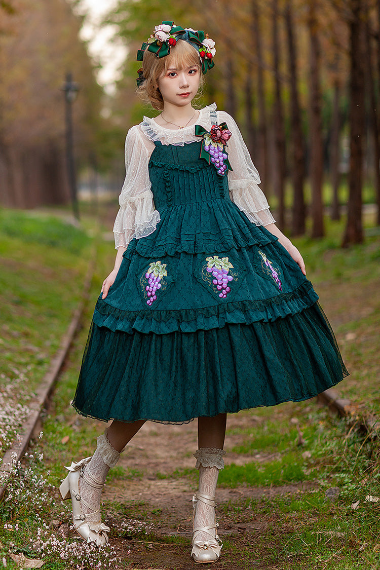 Green [Vineyard] Sleeveless Jacquard Print Ruffle Embroidery Sweet Lolita Jsk Dress - Product - 2