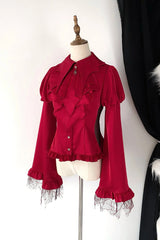 Bat Collar Long Sleeves Ruffle Gothic Lolita Blouse 3 Colors - Red - 4