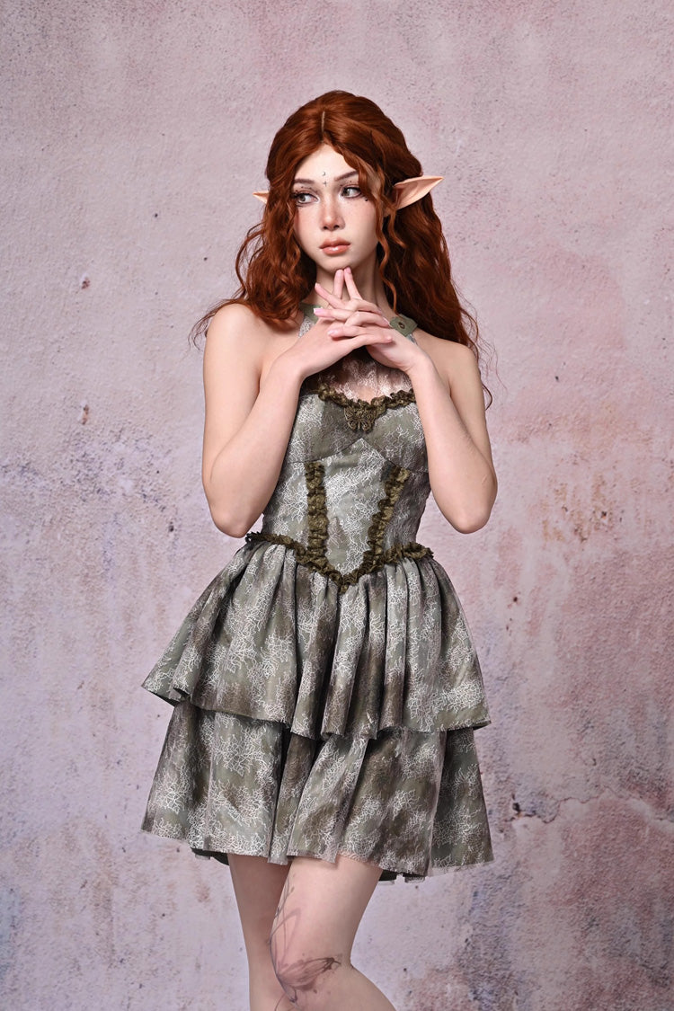 Light Green Halterneck Double-Layered Print Ruffle Lace Tie-dyed Vintage Jsk Dress - Product - 5