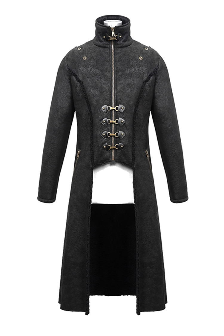 Black Stand Up Collar Shoulder Fur Cape Front Metal Hasp Chest Loops Long Fur Men's Punk Coat - Product - 8