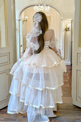 Pink [Mousse Love Song] Off Shoulder Sleeveless Triple-Layered Ruffled Hanayome Bow Sweet Elegant Ballet Lolita Short Dress Set - Product - 10
