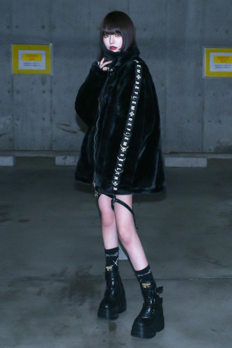 Black Rabbit Ears Long Sleeves Hooded Punk Jirai Kei Coat - Product - 8