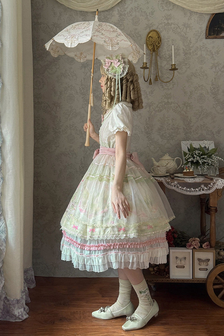Pink/Green [Bamboo Rabbit] Peter Pan Collar Short Sleeves Printed Ruffled Embroidered Bow Sweet Lolita Dress - Product - 7