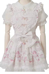 Jirai Kei Lapel Collar Short Sleeves Printed Bow Sweet Plus Size Dress 3 Colors - Pink - 8