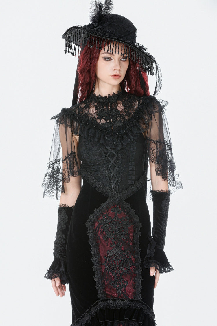 Black Sleeveless Ruffled Lace Spliced Mesh Women's Gothic Cape - Black - 1