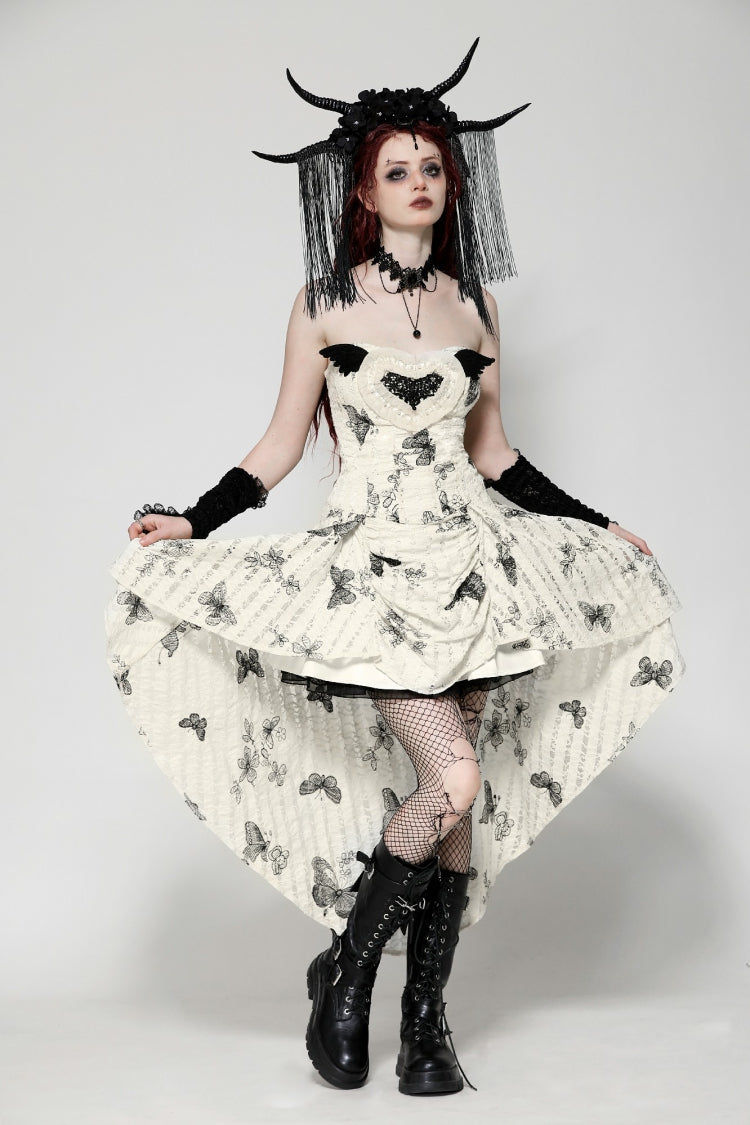 Black/White Butterfly Embroidered Lace-Up Women's Gothic High/Low Honeymoon Dress - Black/White - 1
