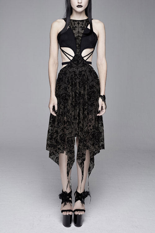 Black Semilucent Queen Cross Flocking Printed Sleeveless Sexy Mesh Gothic Womens Dress - Black - 1