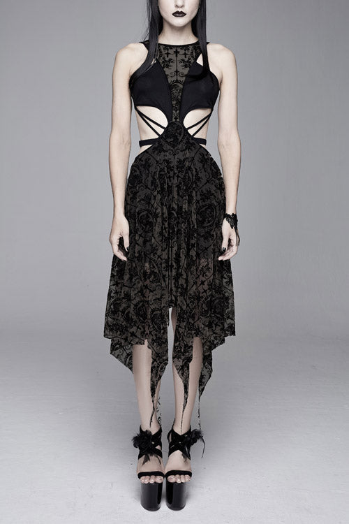 Black Semilucent Queen Cross Flocking Printed Sleeveless Sexy Mesh Gothic Womens Dress - Black - 1