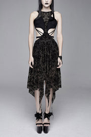 Black Semilucent Queen Cross Flocking Printed Sleeveless Sexy Mesh Gothic Womens Dress - Black - 1