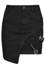 Black Metal Slant Buckle Loop Decoration Irregular Hem Denim Women's Punk Skirt - Product - 5