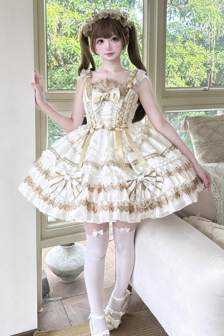 White [Gilded Memories] Sleeveless Double-Layered Ruffle Hot Stamping Bowknot Lace Sweet Lolita Jsk Dress - White - 1