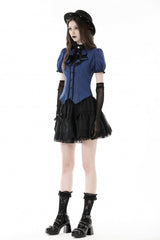 Blue/Black Striped Bow Ruffled Stand Collar Lace Jabot Short Puff Sleeves Front Button‑Up Women's Gothic Blouse - Product - 2