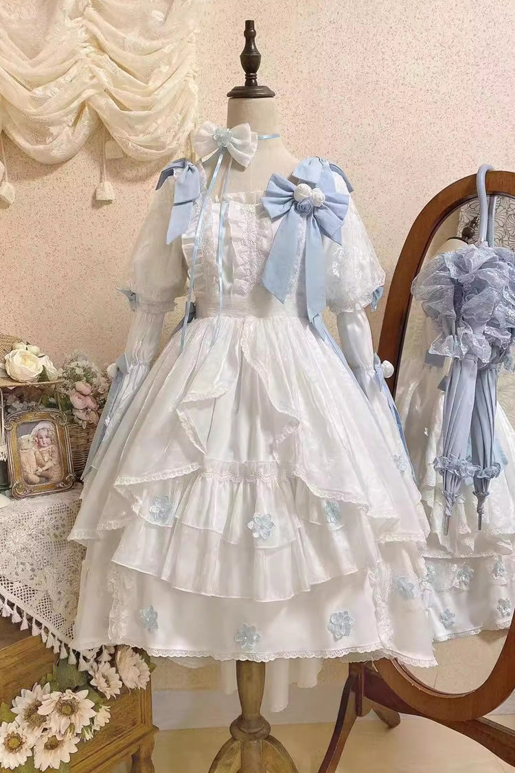 White Boat Neck Multi-layer Ruffle Hanayome Bowknot Sweet Princess Lolita Strapless Dress - Product - 3