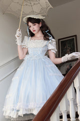 Light Blue Confession Poem Square Collar Short Sleeves Ruffle Sweet Elegant Lolita Dress Set - Product - 6
