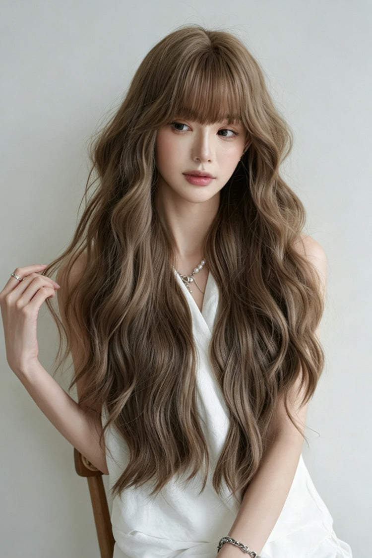 Soft Korean Natural Fluffy Air Bangs Romantic Long Wavy Daily Sweet Lolita Wig 2 Colors - Product - 6