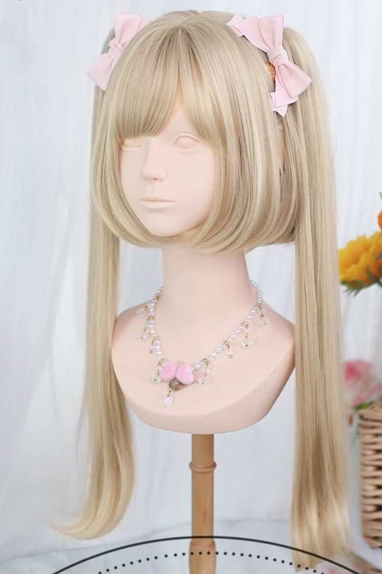 Milk Tea Gold Long Straight Twin Pigtails Sweet Lolita Wig Set - Product - 2