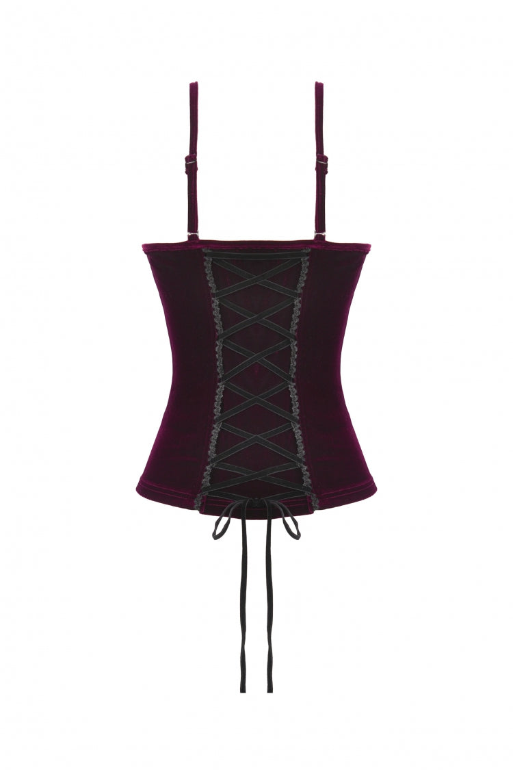 Burgundy Ribbon Bow Lace-Up Women's Gothic Velet Cami Corset Top - Product - 12