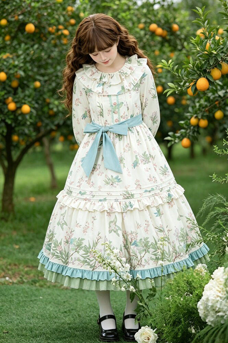アプリコット 丸襟 長袖 花鳥プリント 二層フリル スウィートロリータワンピース 大きいサイズ 商品画像