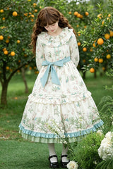 Apricot Round Collar Long Sleeves Double-Layered Floral Bird Printed Ruffled Bow Sweet Plus Size Lolita Dress - Product - 5