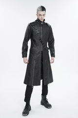Black Stand Collar With Strap Split At The Hem Long Men's Gothic Coat - Product - 2