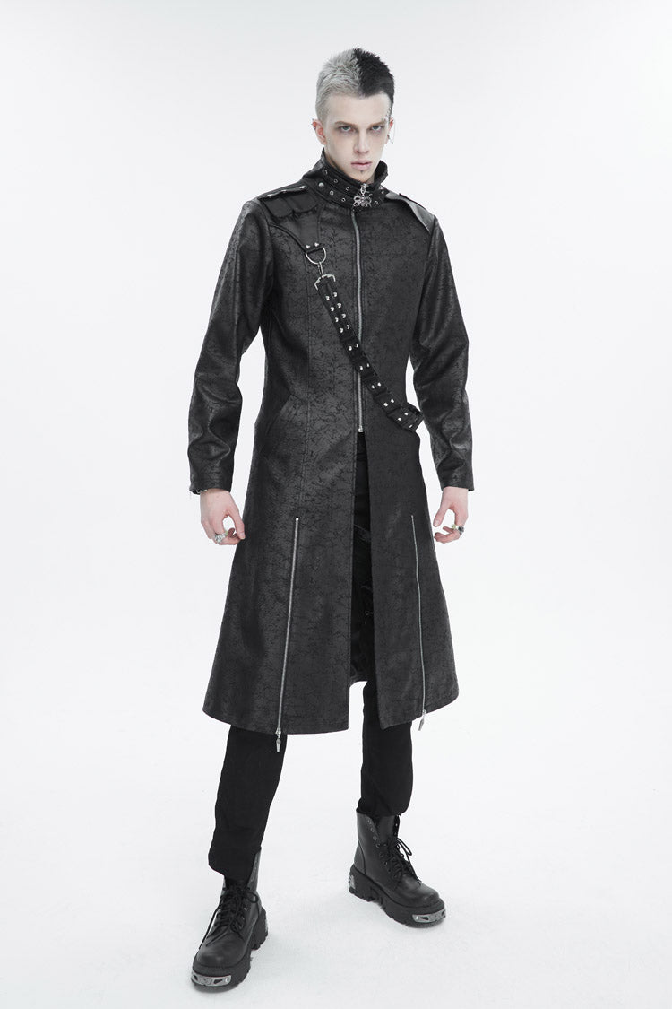 Black Stand Collar With Strap Split At The Hem Long Men's Gothic Coat - Product - 2