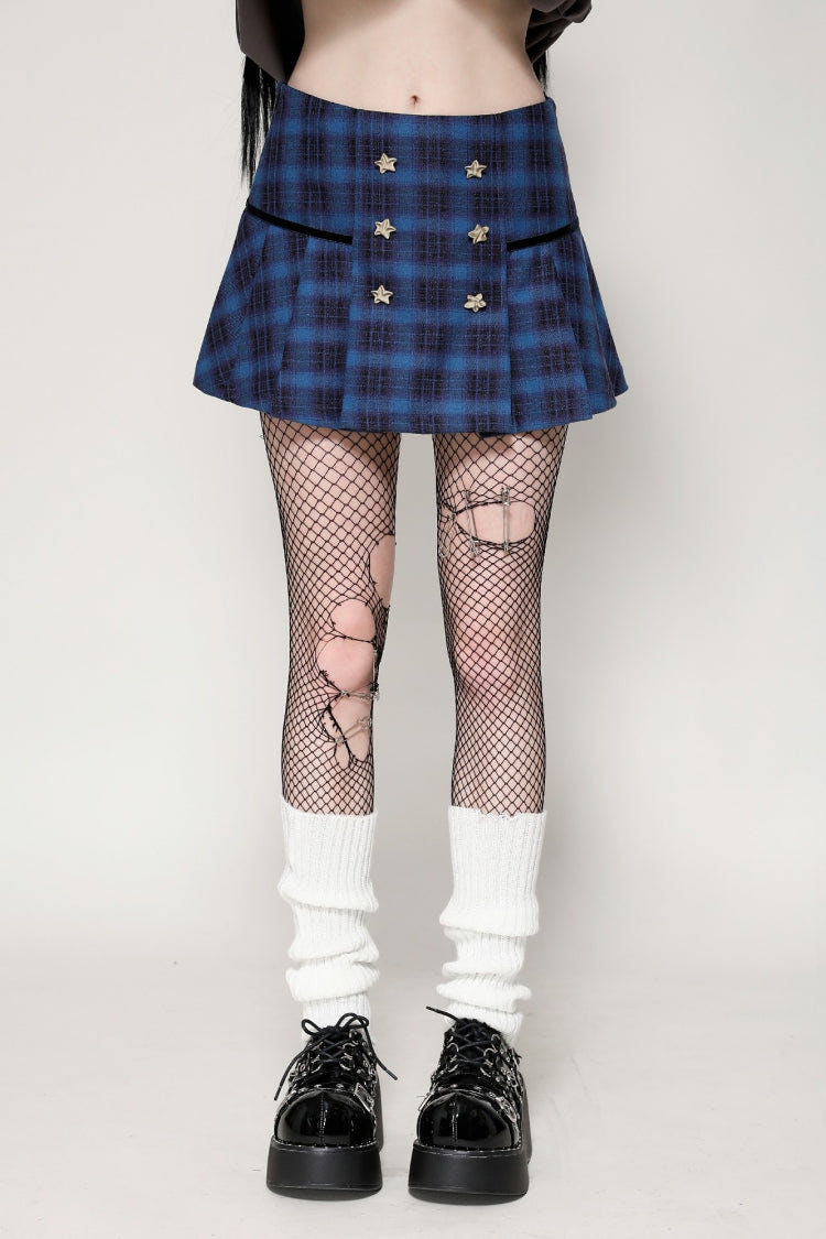 Blue Women's Vintage College Style Stars Plaid Pleated Short Skirt - Blue - 1