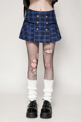 Blue Women's Vintage College Style Stars Plaid Pleated Short Skirt - Blue - 1
