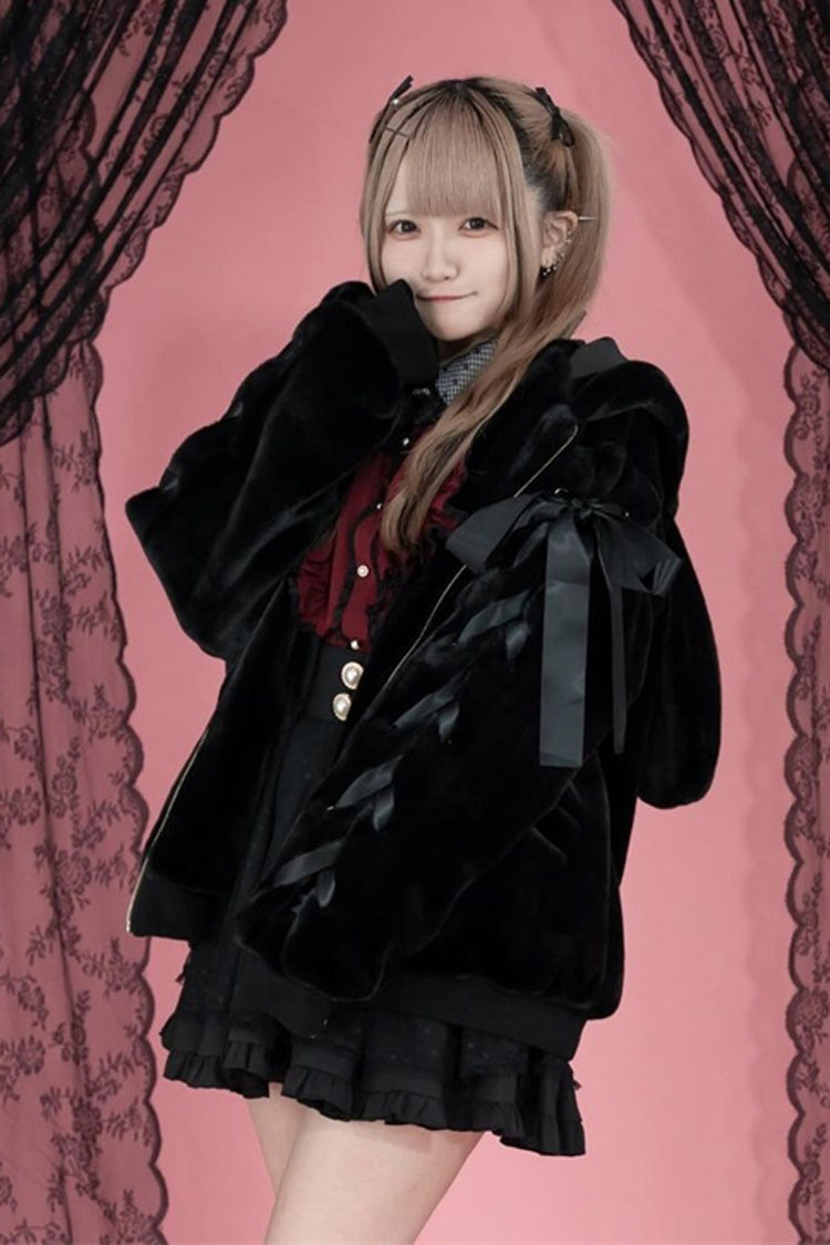 Black Rabbit Ears Long Sleeves Bowknot Lace-Up Hooded Jirai Kei Coat - Product - 3