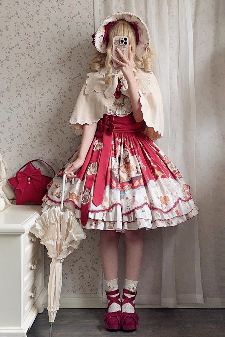 Red [The Tale of a Curious Cat] Round Collar Short Sleeves Double-Layered Printed Ruffled Bow Sweet Lolita Dress - Product - 3