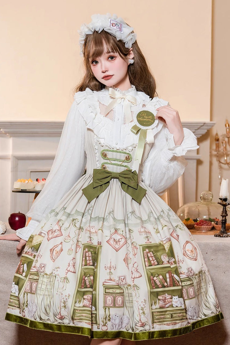 Green Ai Luo Book House Print Chest Support Bowknot Sweet Lolita Jsk Dress - Product - 3