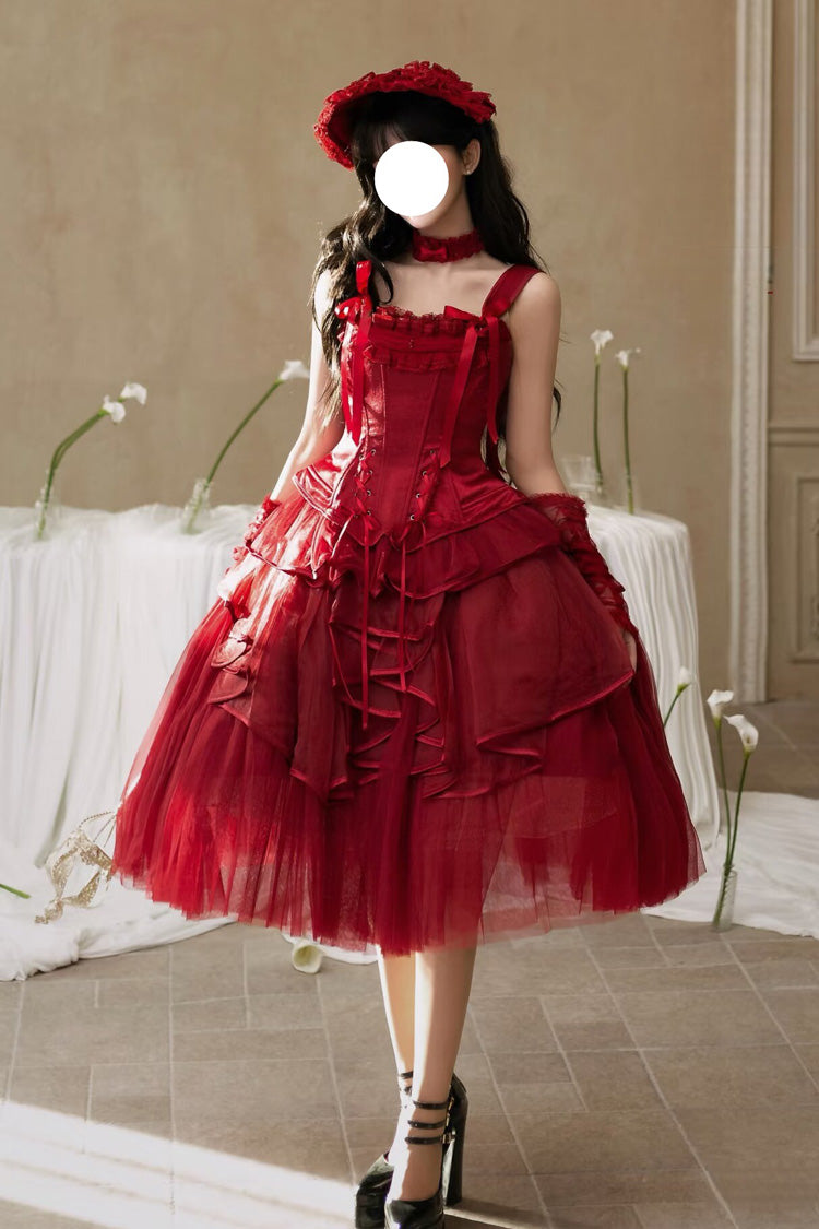 Red [The Summer Waves Sparkle] Square Collar Sleeveless Multi-Layered Ruffled Bow Lace-Up Slim Classic Lolita Skirt Set - Red - 1