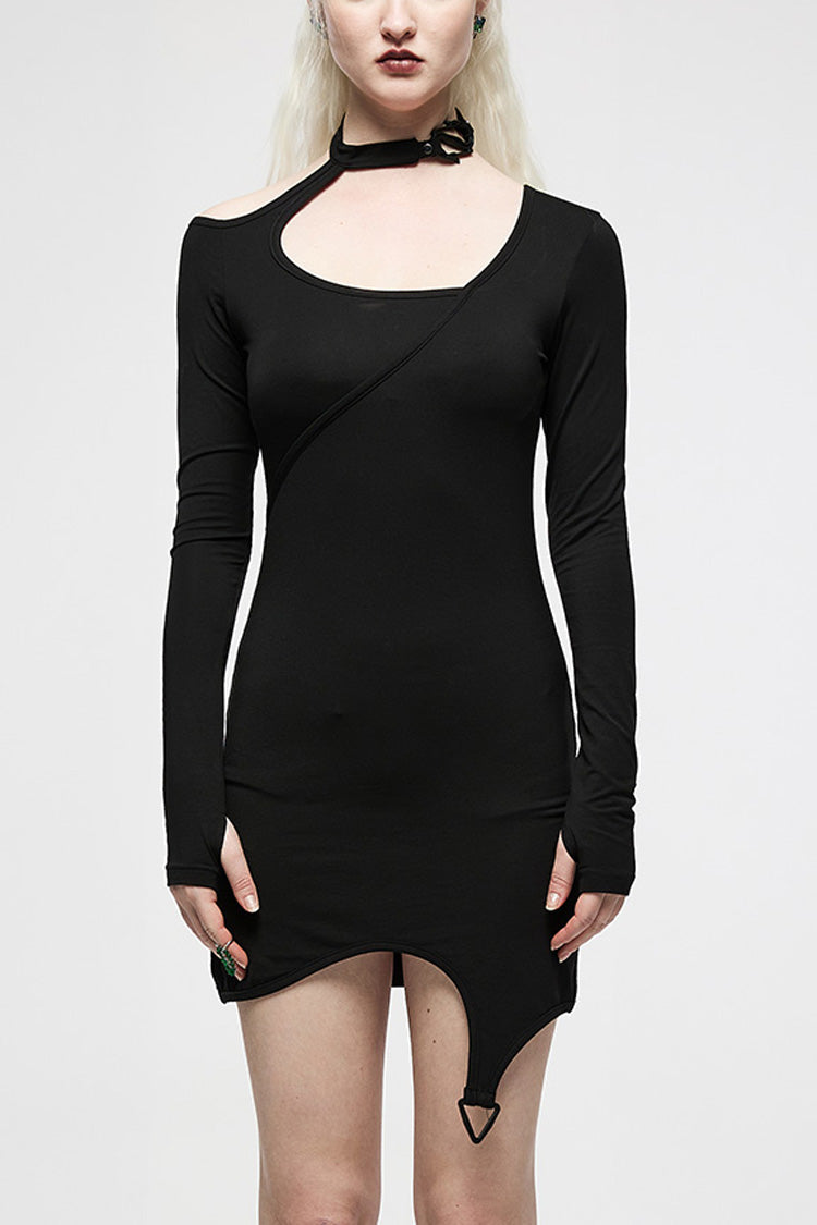 Black Halterneck Slim Asymmetric Women's Punk Dress - Black - 1