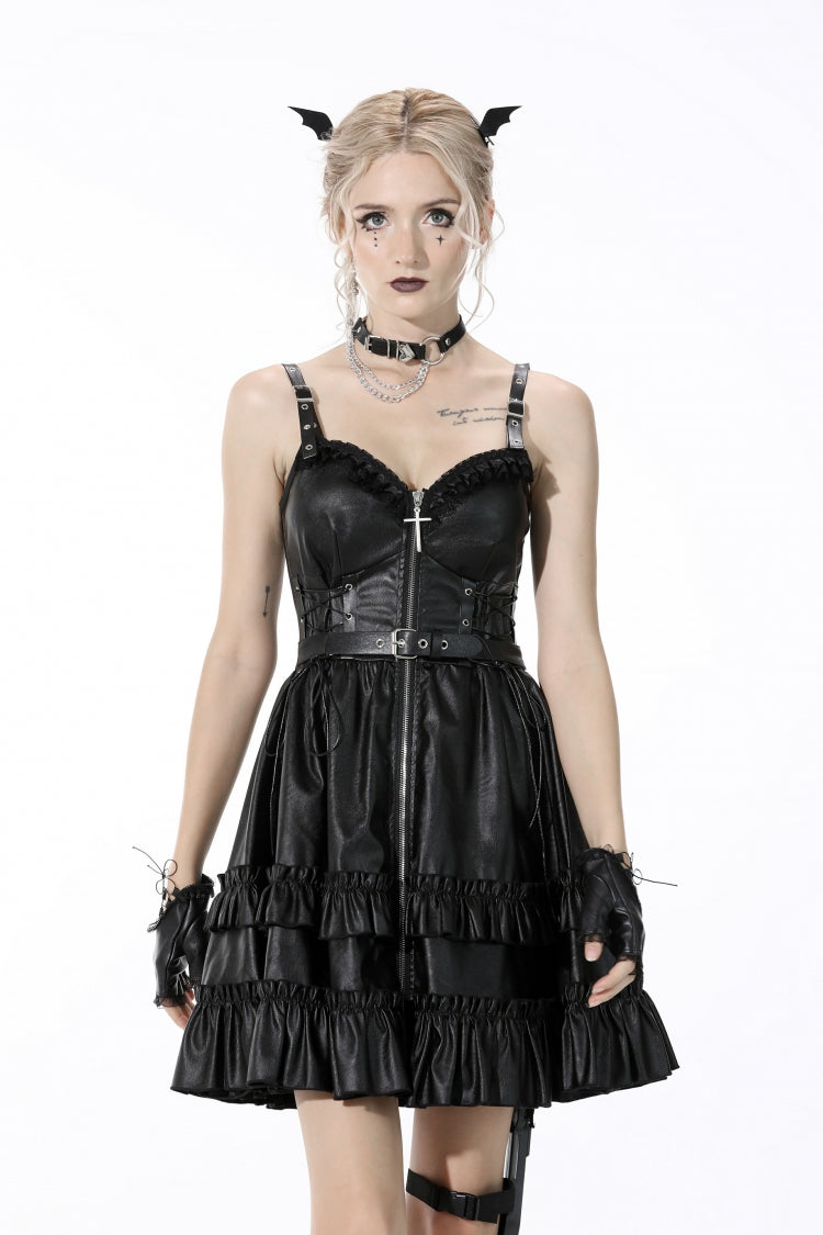 Black Sleeveless Layered Buckled Zippered Women's Gothic Faux Leather Strap Dress - Black - 1