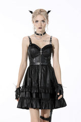 Black Sleeveless Layered Buckled Zippered Women's Gothic Faux Leather Strap Dress - Black - 1