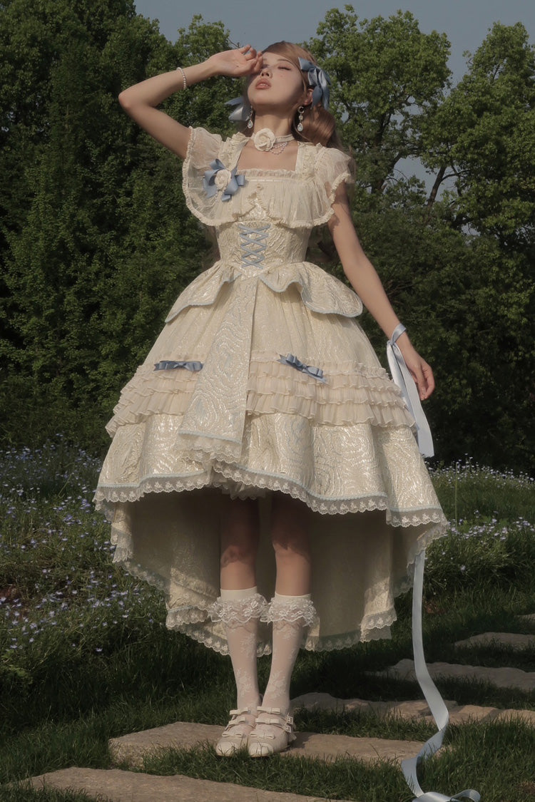 Ivory/Blue [Tycoon's Daughter] Ruffle Bowknot Sweet Elegant Princess Lolita Jsk Dress - Product - 3