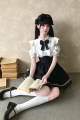 Black/White [Moonlit Poem] Stand Collar Off Shoulder Short Sleeves High Waisted Ruffled Bow Lace Sweet Princess Lolita Dress - Product - 6