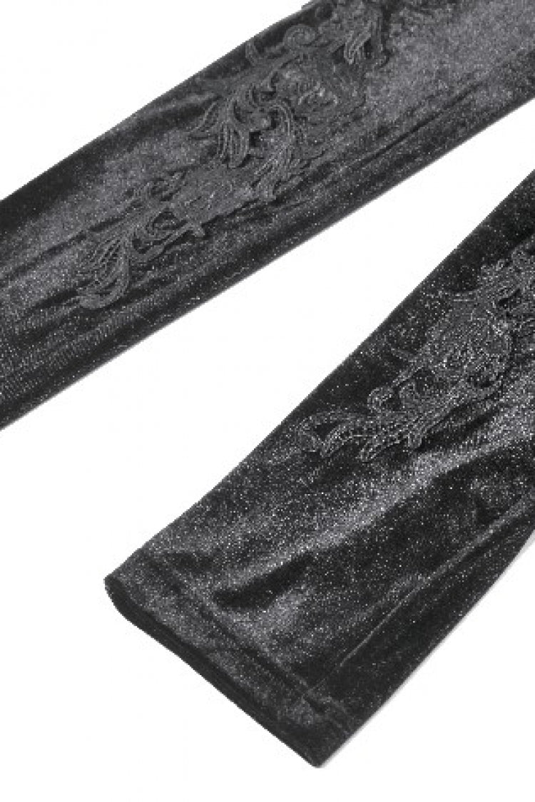 Black Women's Gothic Floral Decal Fishnet Mesh Patchwork Velvet Leggings - Product - 12