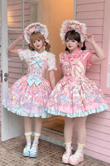 Cream Yellow [Rainbow Buffy Bunny] Sleeveless Double-Layered Ribbon Doll Printed Ruffled Bow Sweet Lolita Jsk Dress Set - Product - 4
