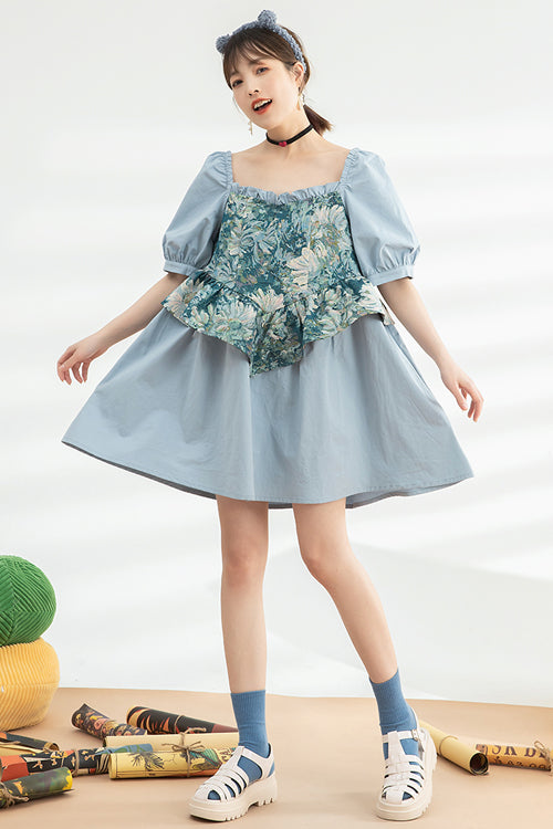 Blue Square Collar Ruffled Oil Painting Patchwork Short Sleeves High Waisted Sweet Lolita Dress - Product - 2