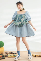 Blue Square Collar Ruffled Oil Painting Patchwork Short Sleeves High Waisted Sweet Lolita Dress - Product - 2