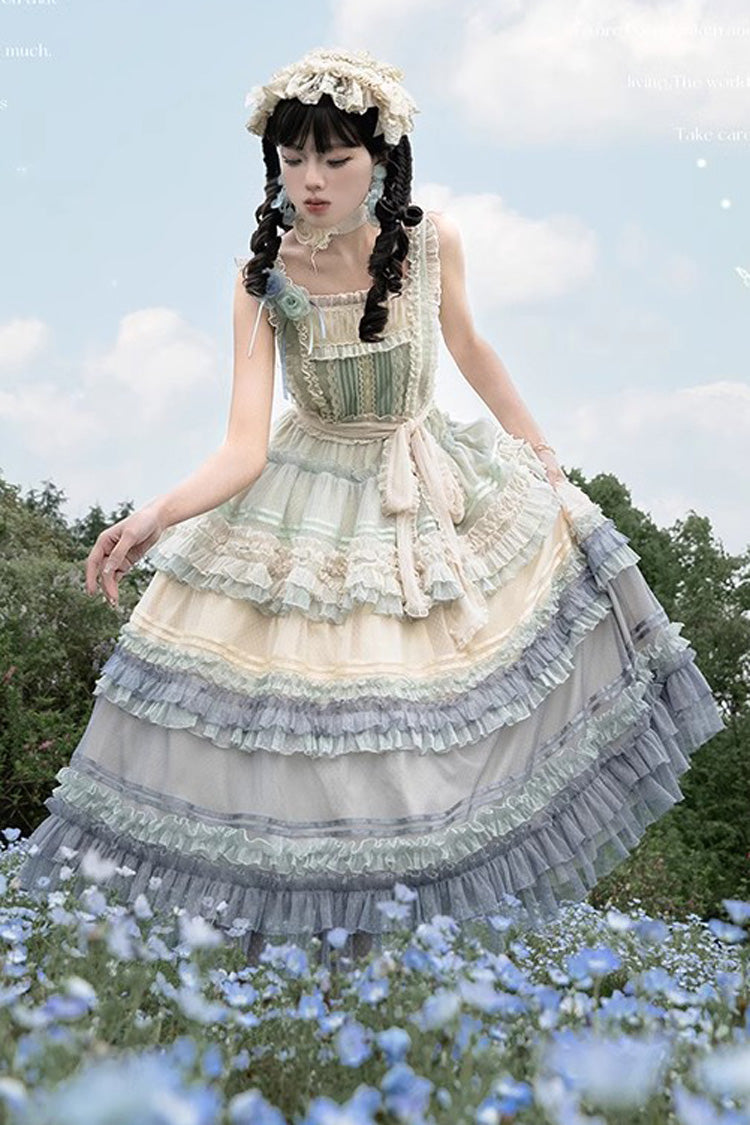 Rainbow Cloud Gradient Triple-Layered Ruffle Bowknot Sweet Lolita Jsk Dress 2 Colors - Product - 8