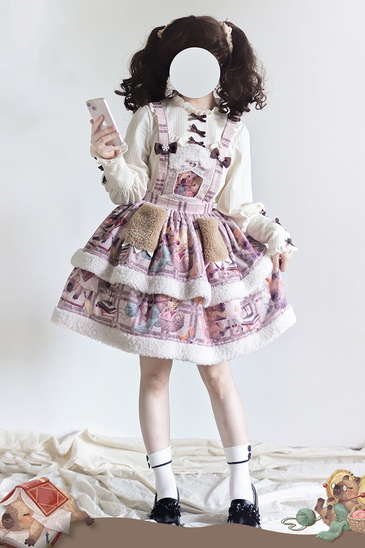 Pink/Purple [Capybara] Double-Layered Print Fluffy Fall Winter Sweet Lolita Jsk Dress - Product - 11